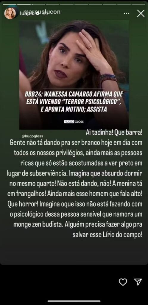 Luana Piovani ironiza ‘drama’ de Wanessa Camargo no BBB 24 e dispara: “Namora um monge”