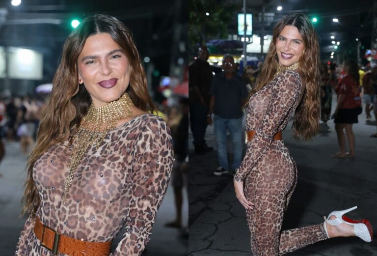 Mariana Goldfarb escolhe look inspirado no samba-enredo de onça para último ensaio da Grande Rio