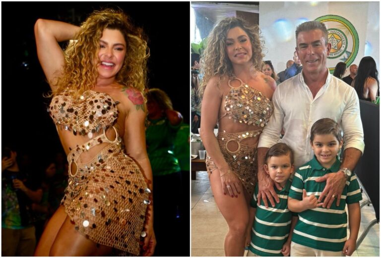 Fabíola de Andrade samba com a família na feijoada da Mocidade Independente de Padre Miguel